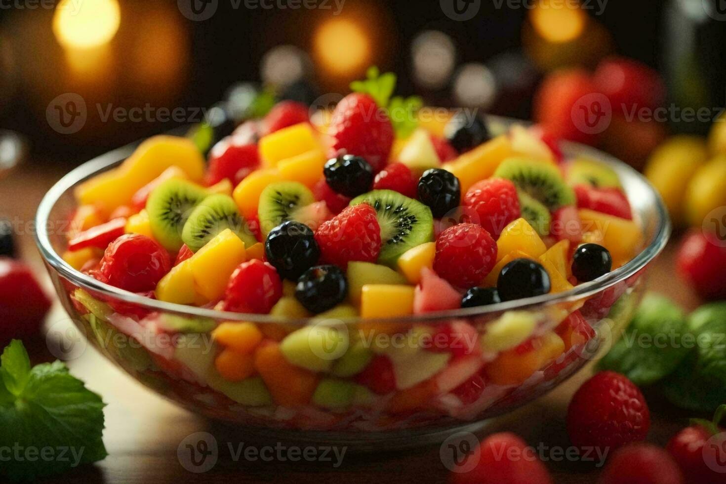 an extreme closeup shot of a fruit salad. AI Generative photo