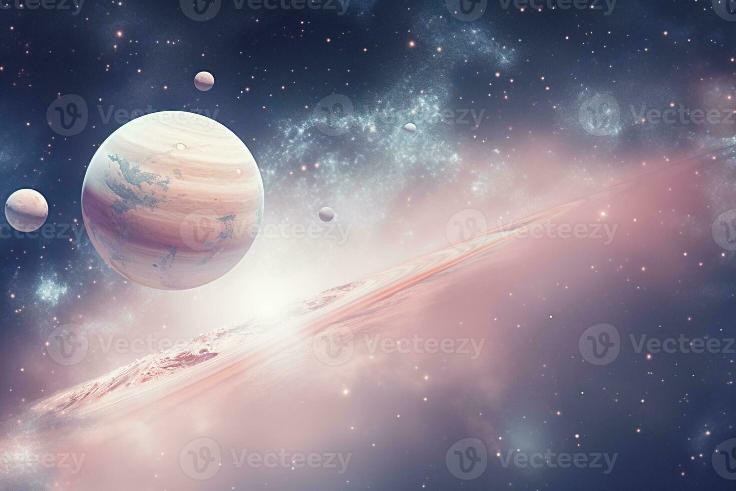 a digital illustration of a planet and its moons in a pastel background. AI Generative photo