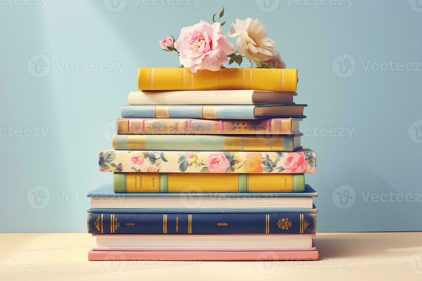 a stack of colorful books on a table with a pastel background AI Generative. photo
