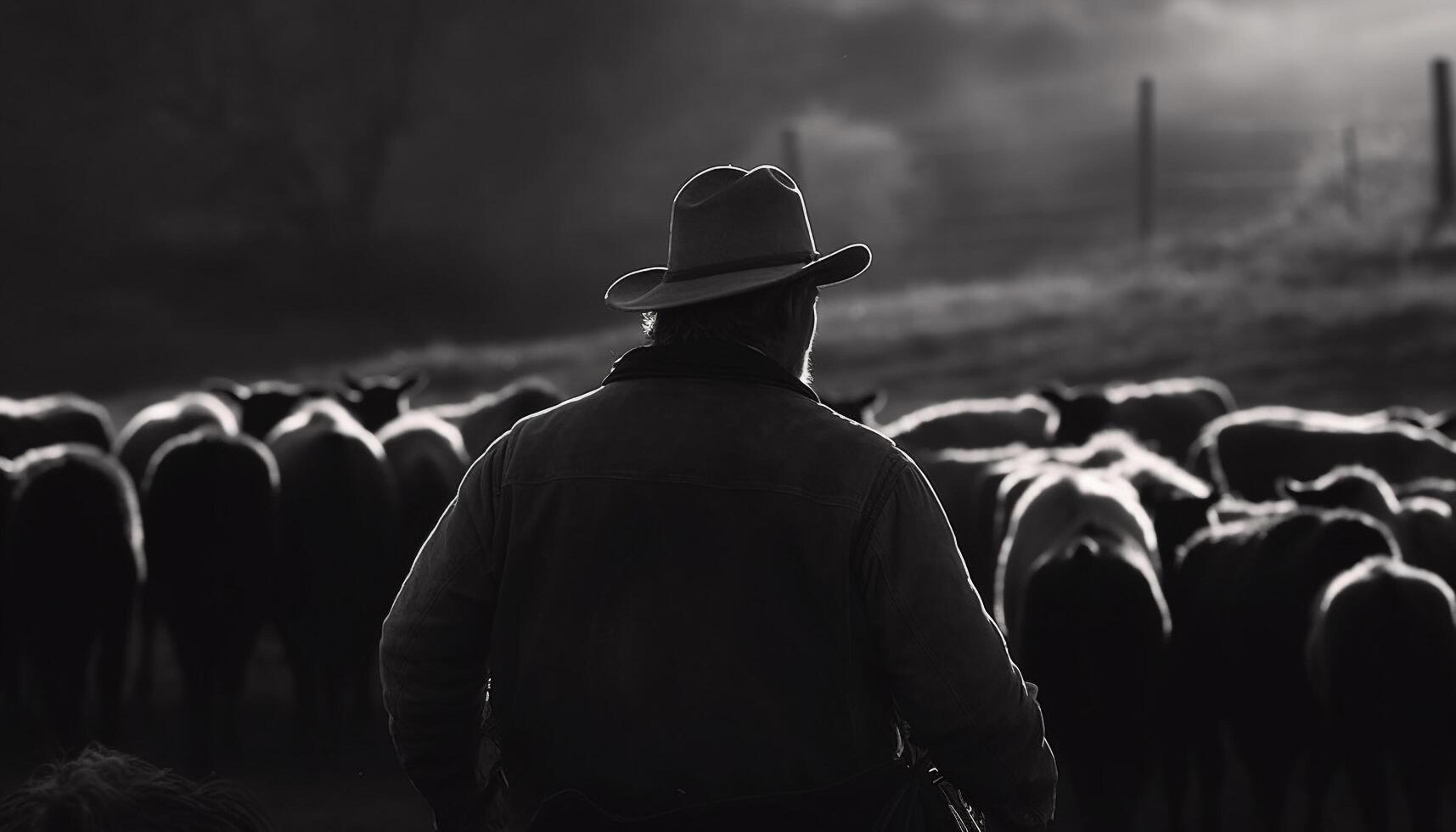 Cowboy herding cattle through tranquil autumn meadow generated by AI photo
