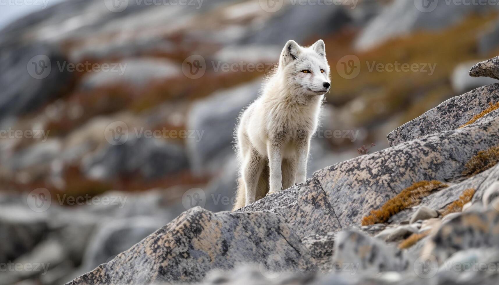 Arctic wolf sitting on snowy mountain rock generated by AI photo