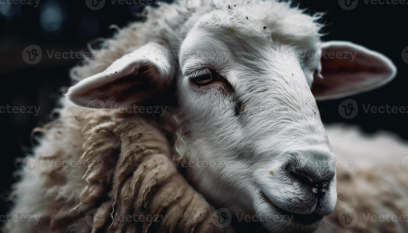 Fluffy sheep grazing in idyllic rural meadow generated by AI photo