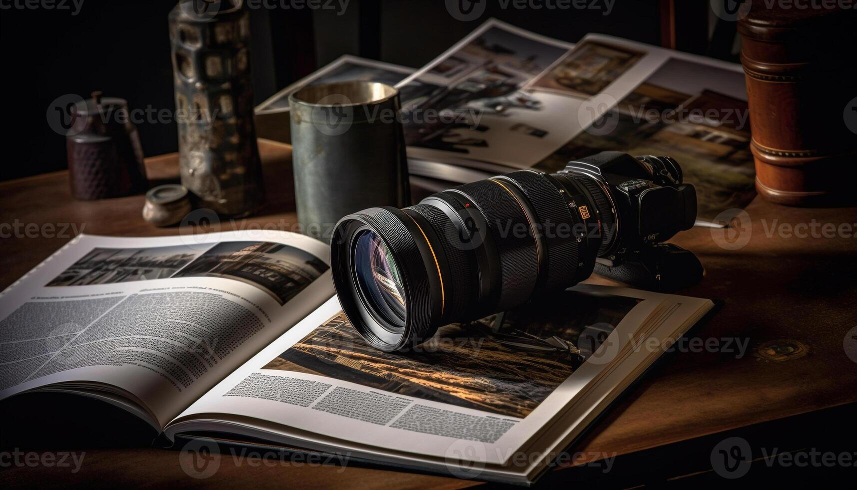 antiguo libro, cámara, lente fotografía Rico historia generado por ai foto