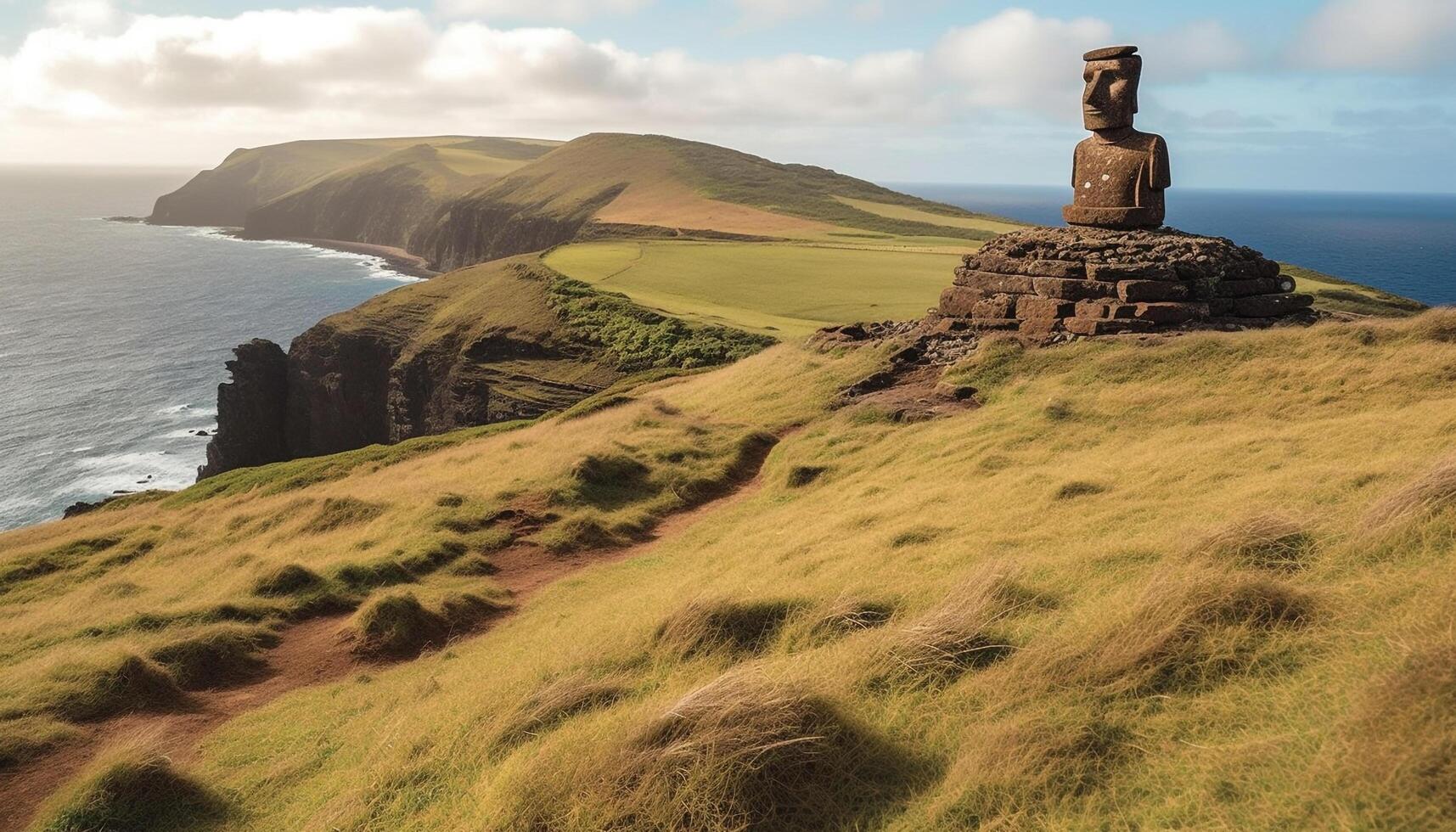 Majestic cliff statue overlooks tranquil coastline meadow generated by AI photo