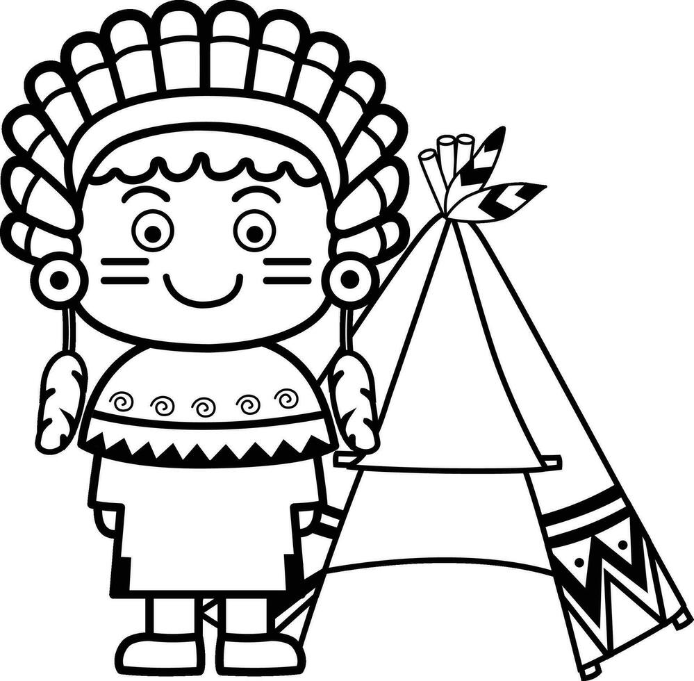 illustration black and white native indian children  for coloring book vector