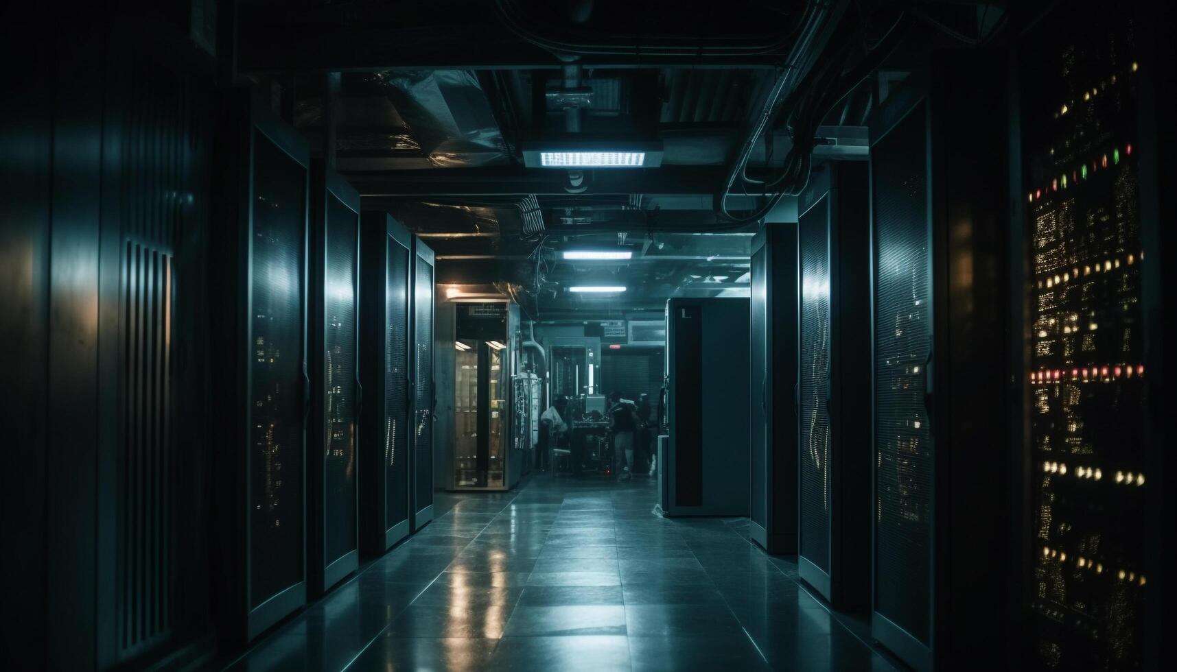 Futuristic computer equipment in a dimly lit storage room generated by AI photo