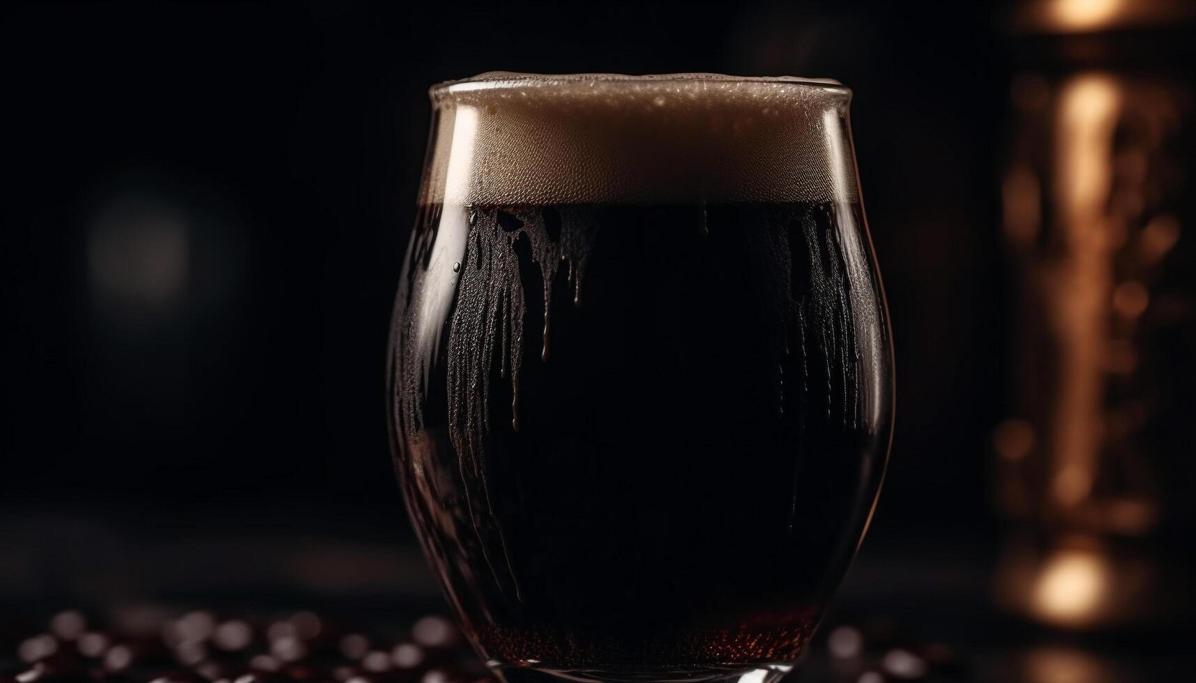 Frothy beer in pint glass on bar counter, reflecting black background generated by AI photo