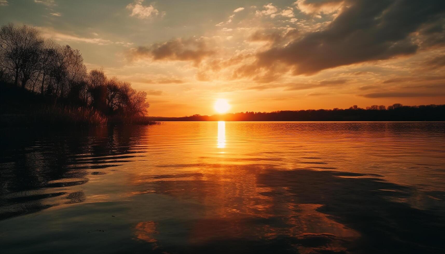 Golden sun sets over tranquil water scene generated by AI photo