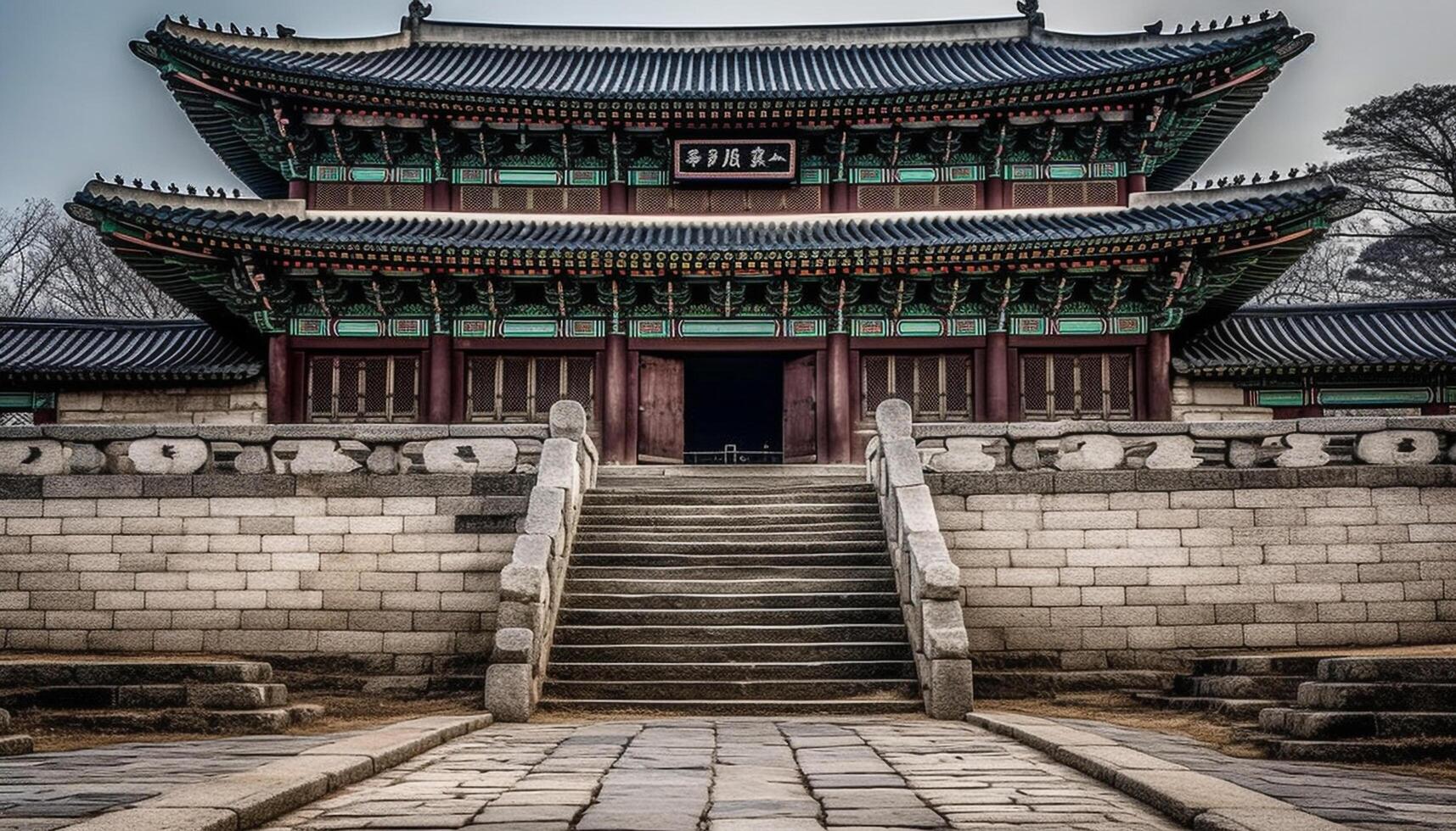 Ancient pagoda roof glows in Seoul night generated by AI photo