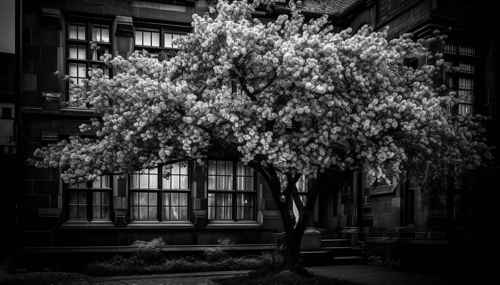 Black and white cherry blossom tree outdoors generated by AI photo
