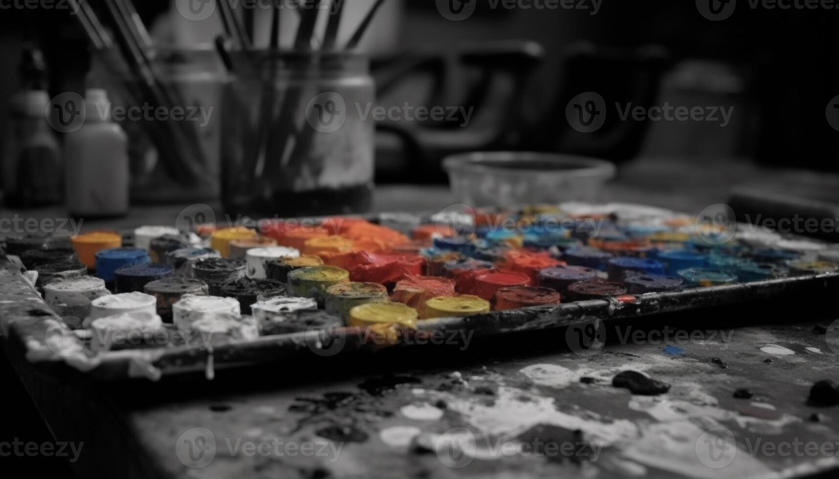Artist messy studio showcases vibrant paint variations generated by AI photo