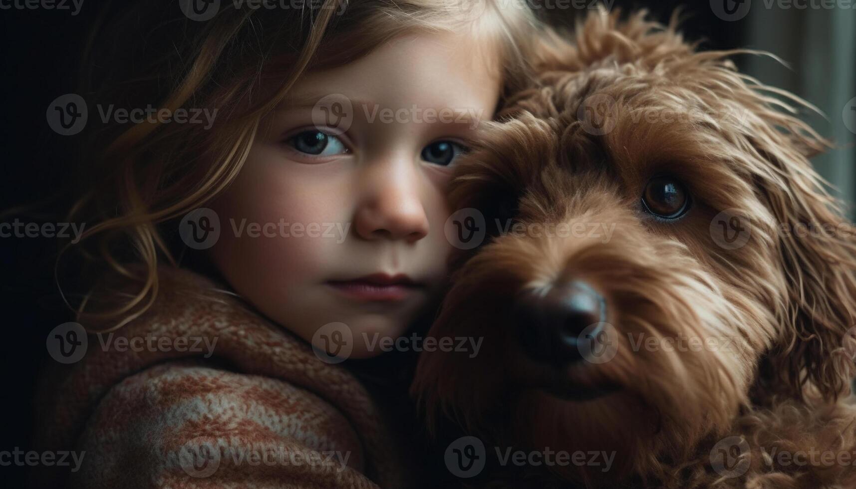 Smiling Caucasian child embracing playful purebred puppy outdoors with love generated by AI photo