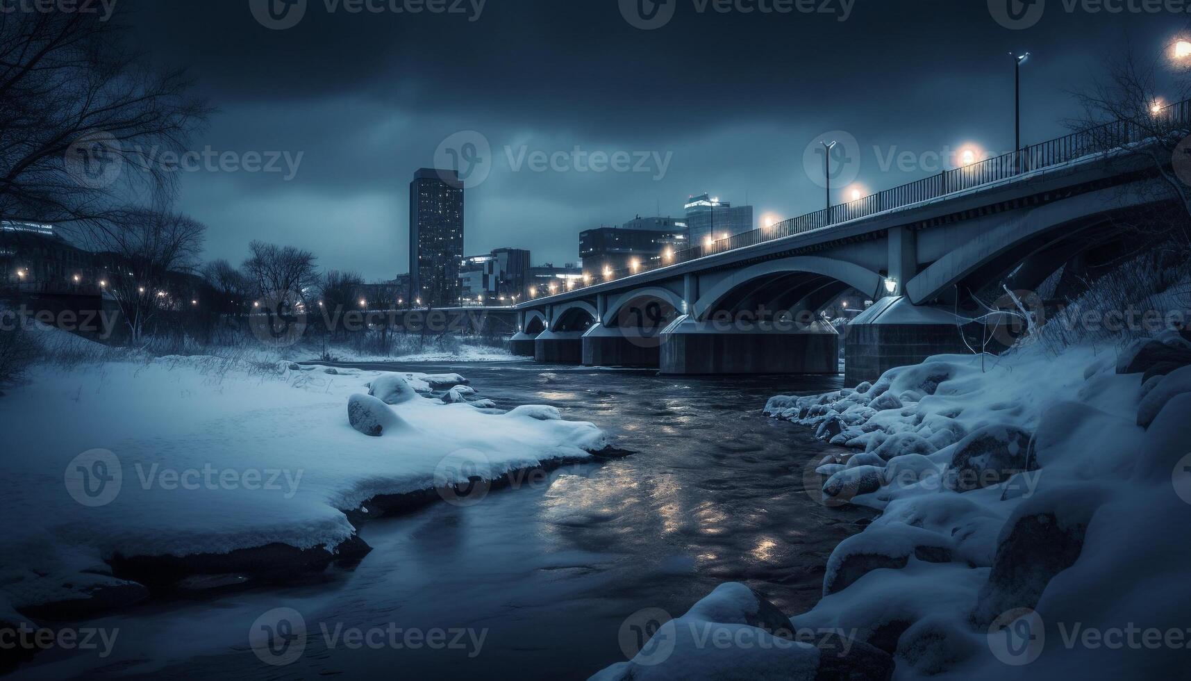 Illuminated skyscrapers reflect on frozen water in the city at dusk generated by AI photo