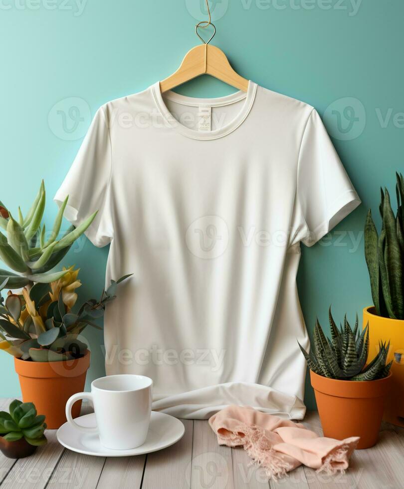 A Closed-Up Shot of A Plain White T-Shirt Mock-Up AI Generative photo