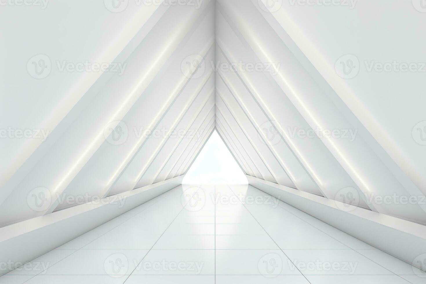 bright neon white triangular shaped long tunnel with light at the end. photo