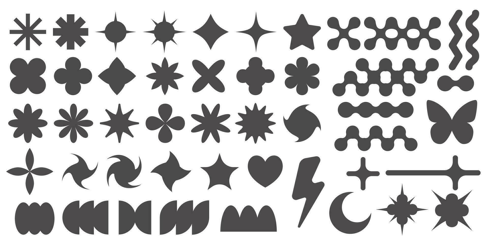 Y2k stars icons. Retro graphic elements for design. Modern rave symbols. Abstract geometric stars sparkles and futuristic twinkle shapes. Vector set of stickers on white background