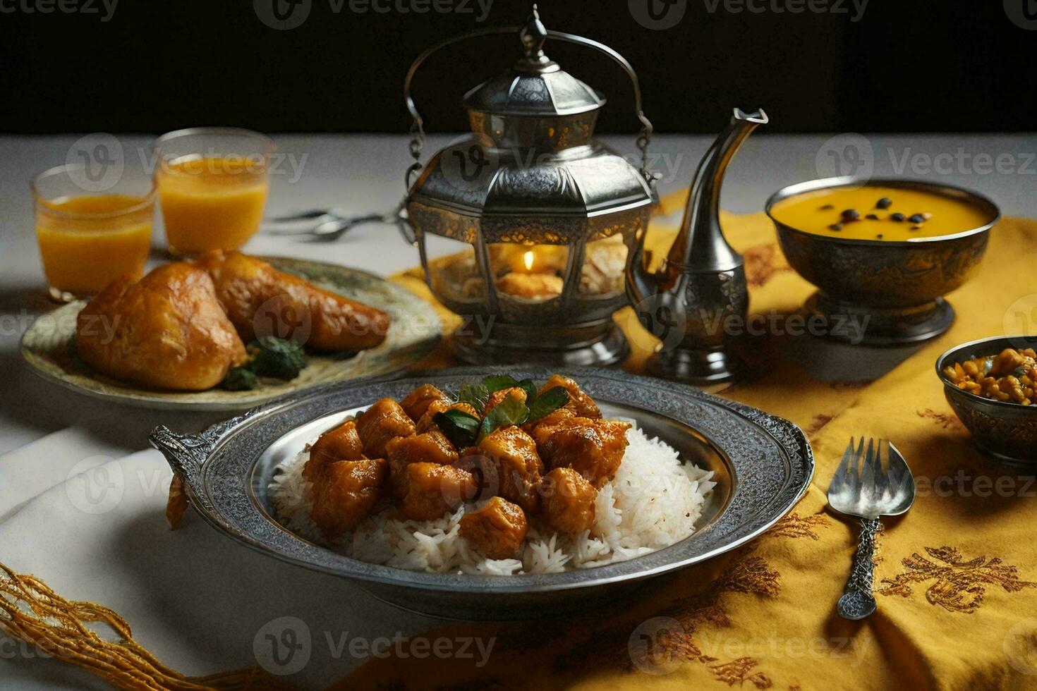 a table setting with Indian food and a lantern. AI Generative photo