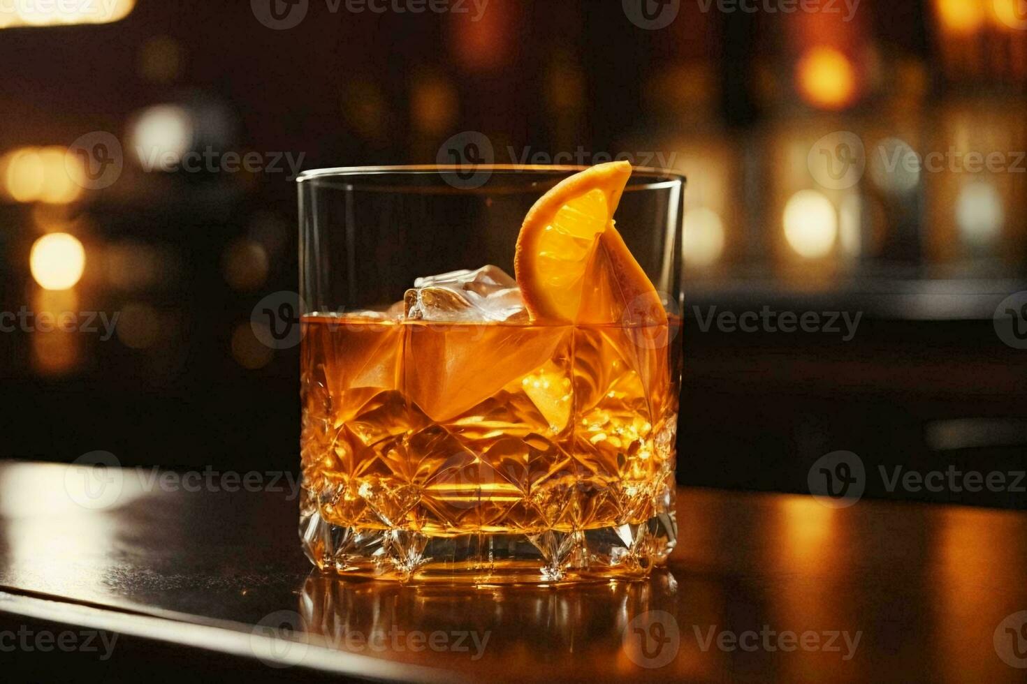 An Old Fashioned cocktail on a tray. AI Generative photo