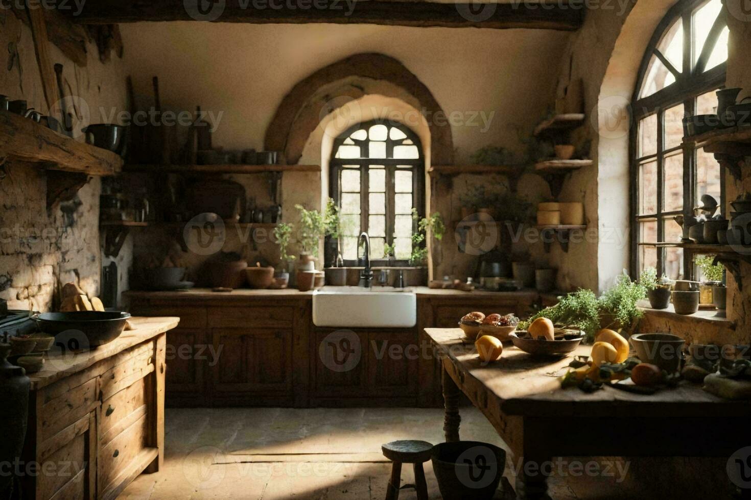 Tudor and medieval style cooking room. AI Generative photo