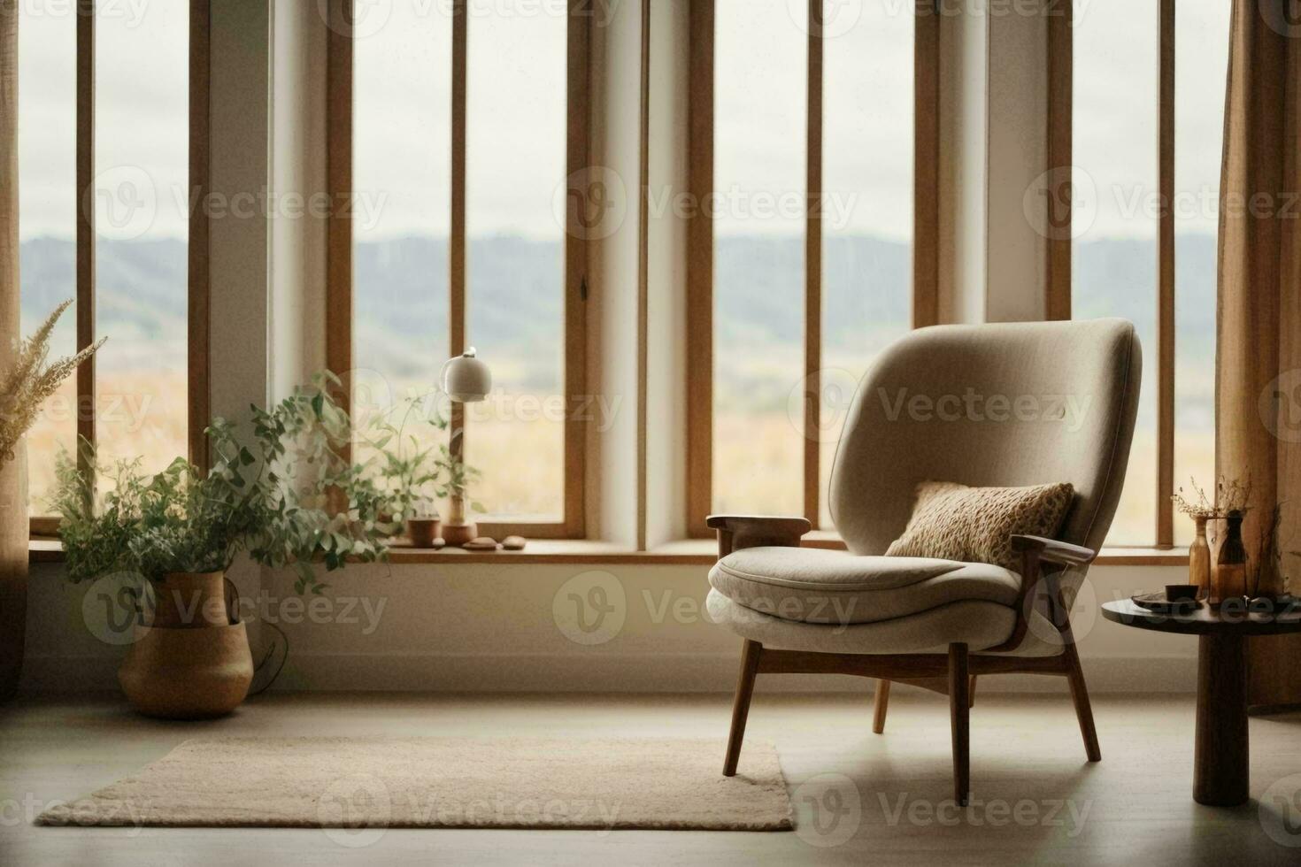 A simple room with a chair is next to a window. AI Generative photo