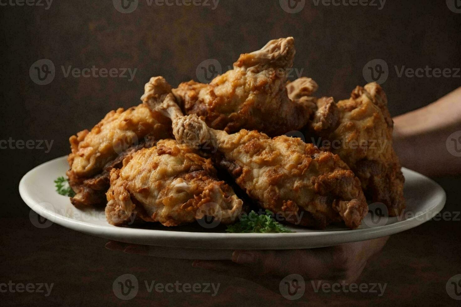 Fried chicken drumsticks on a white round plate. AI Generative photo