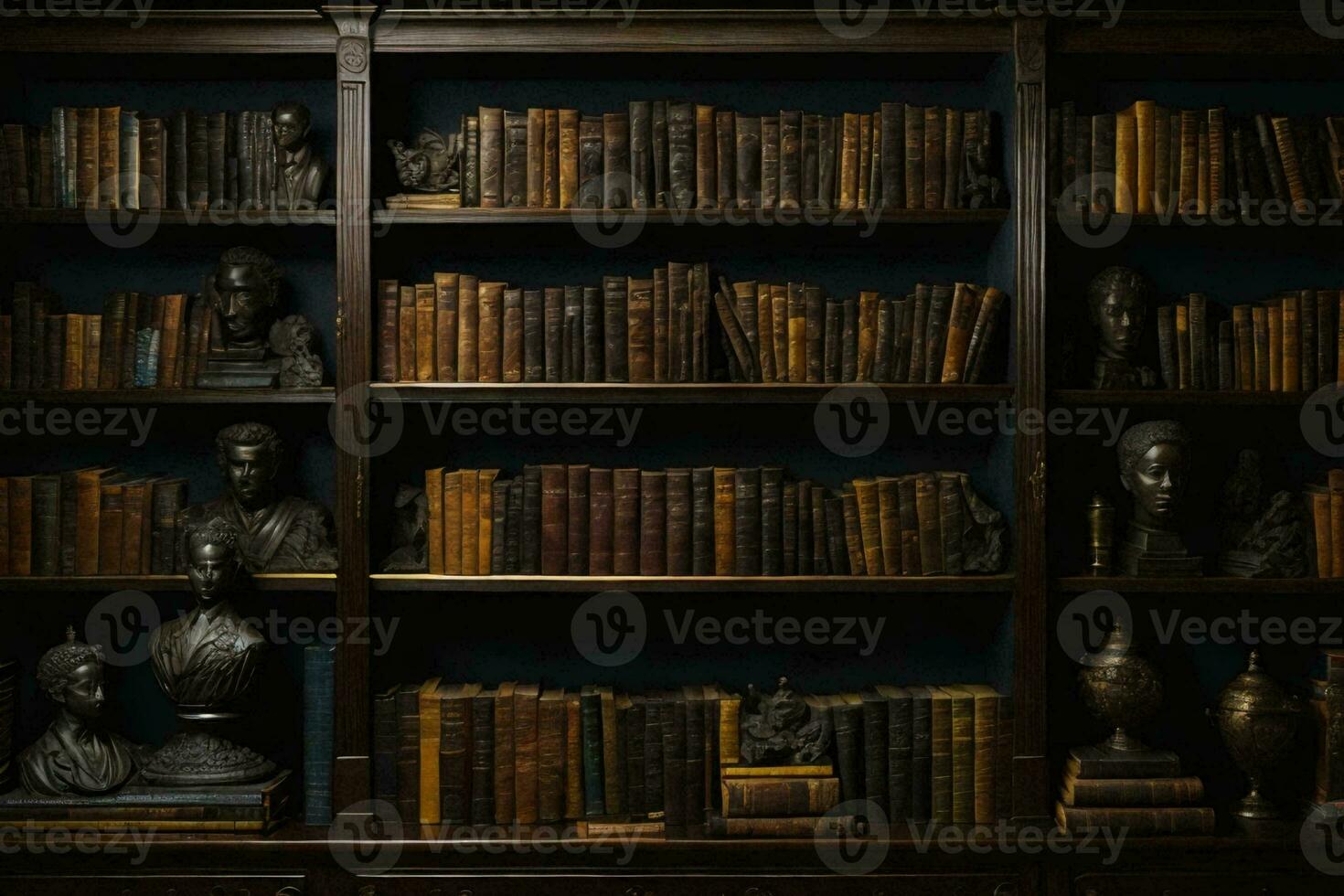 a bookshelf with many old books. AI Generative photo