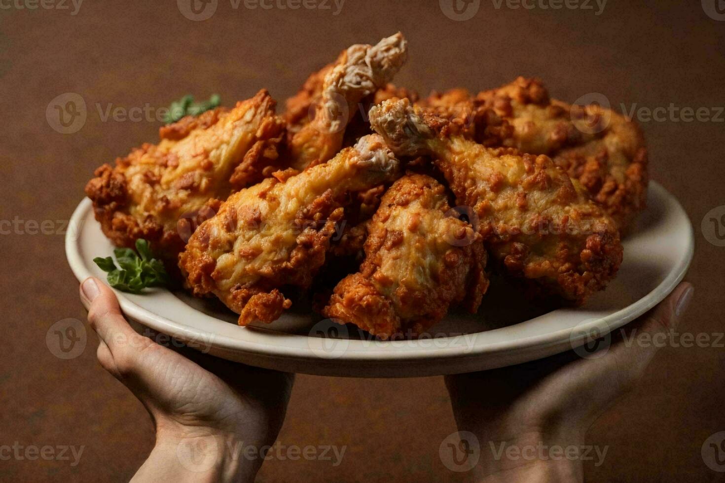 Fried chicken drumsticks on a white round plate. AI Generative photo