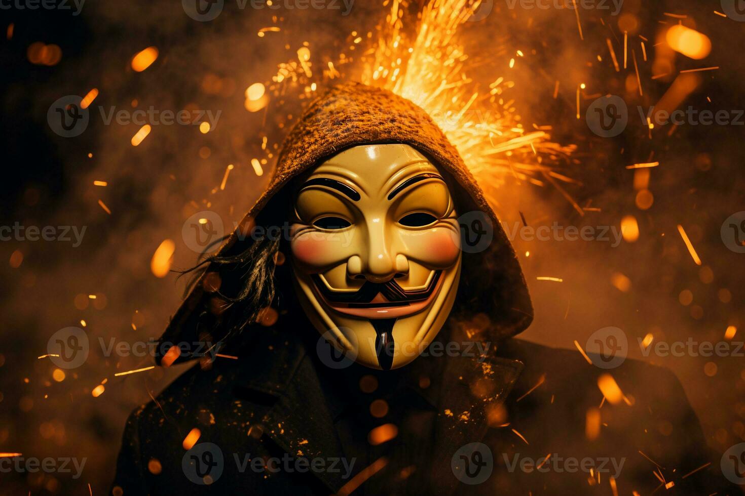 a Guy Fawkes mask,highlighted by the dancing light. AI Generative photo