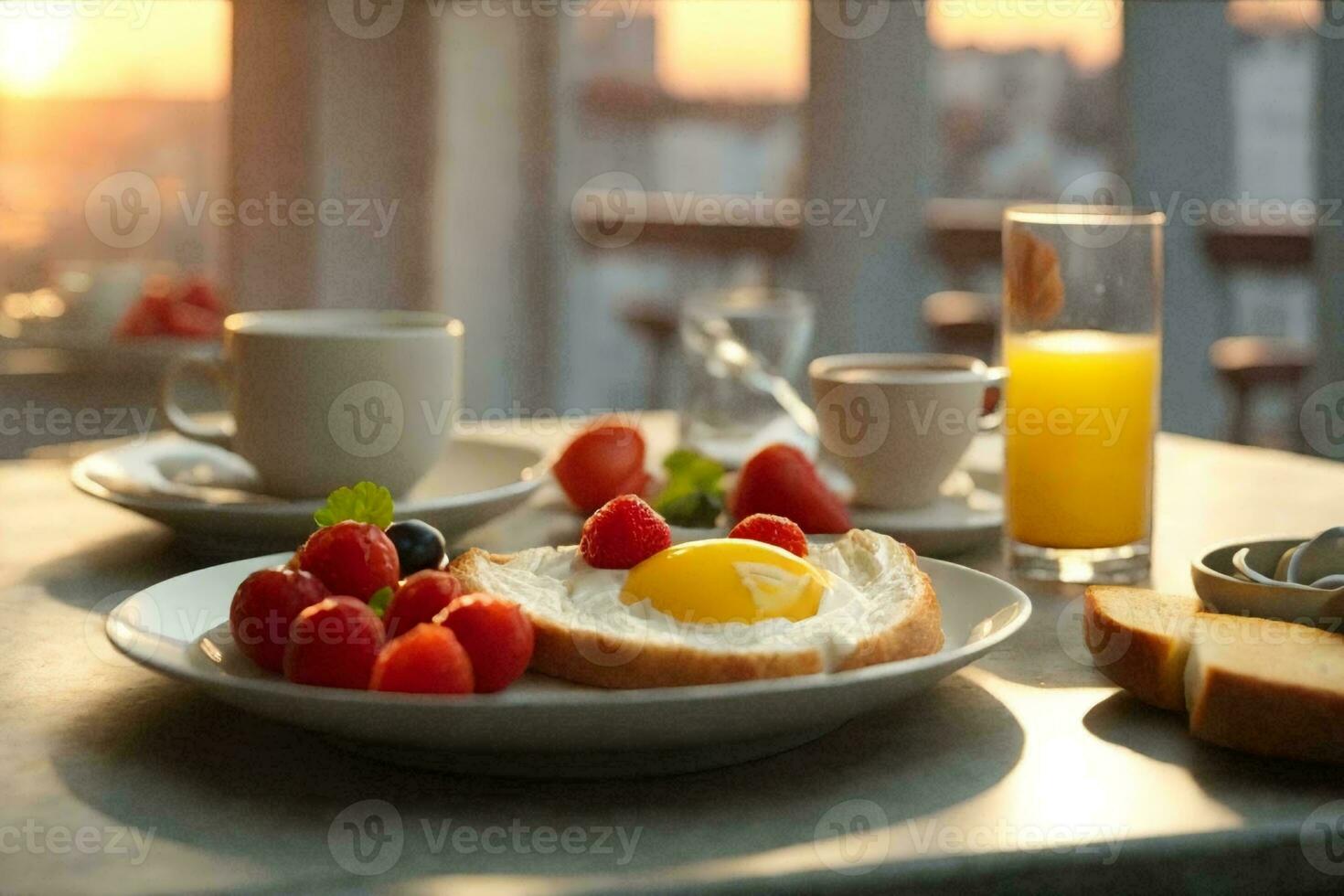 sano desayuno con revuelto huevos, jugo y frutas ai generativo foto