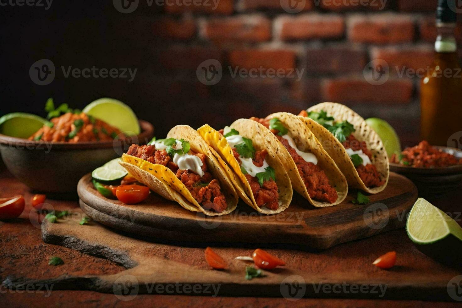 tacos with a rustic red brick background. AI Generative photo