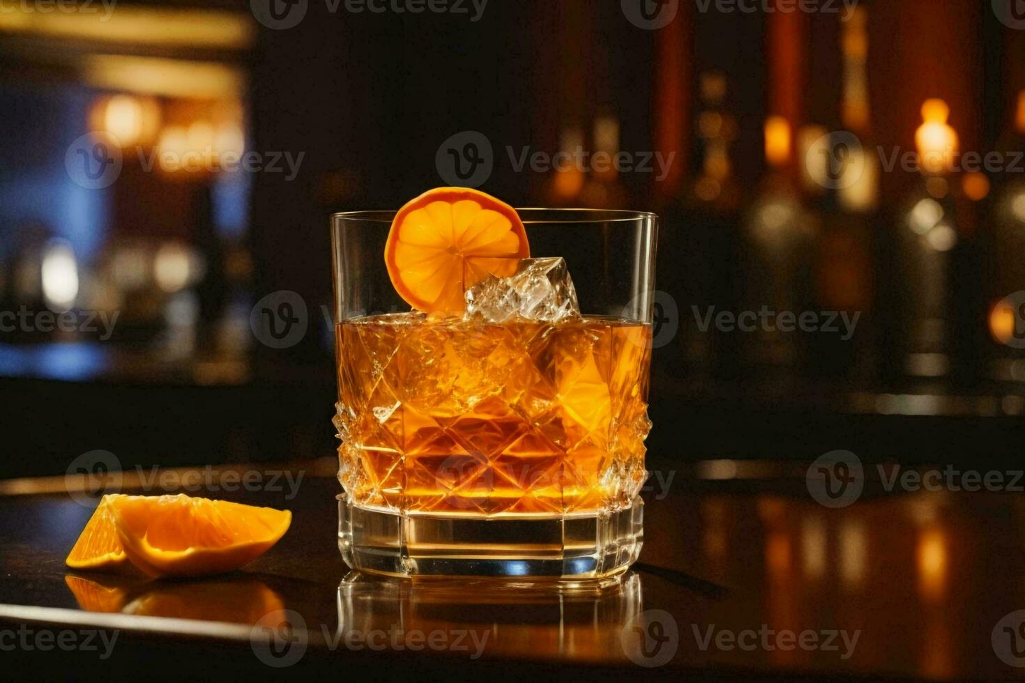 An Old Fashioned cocktail on a tray. AI Generative photo