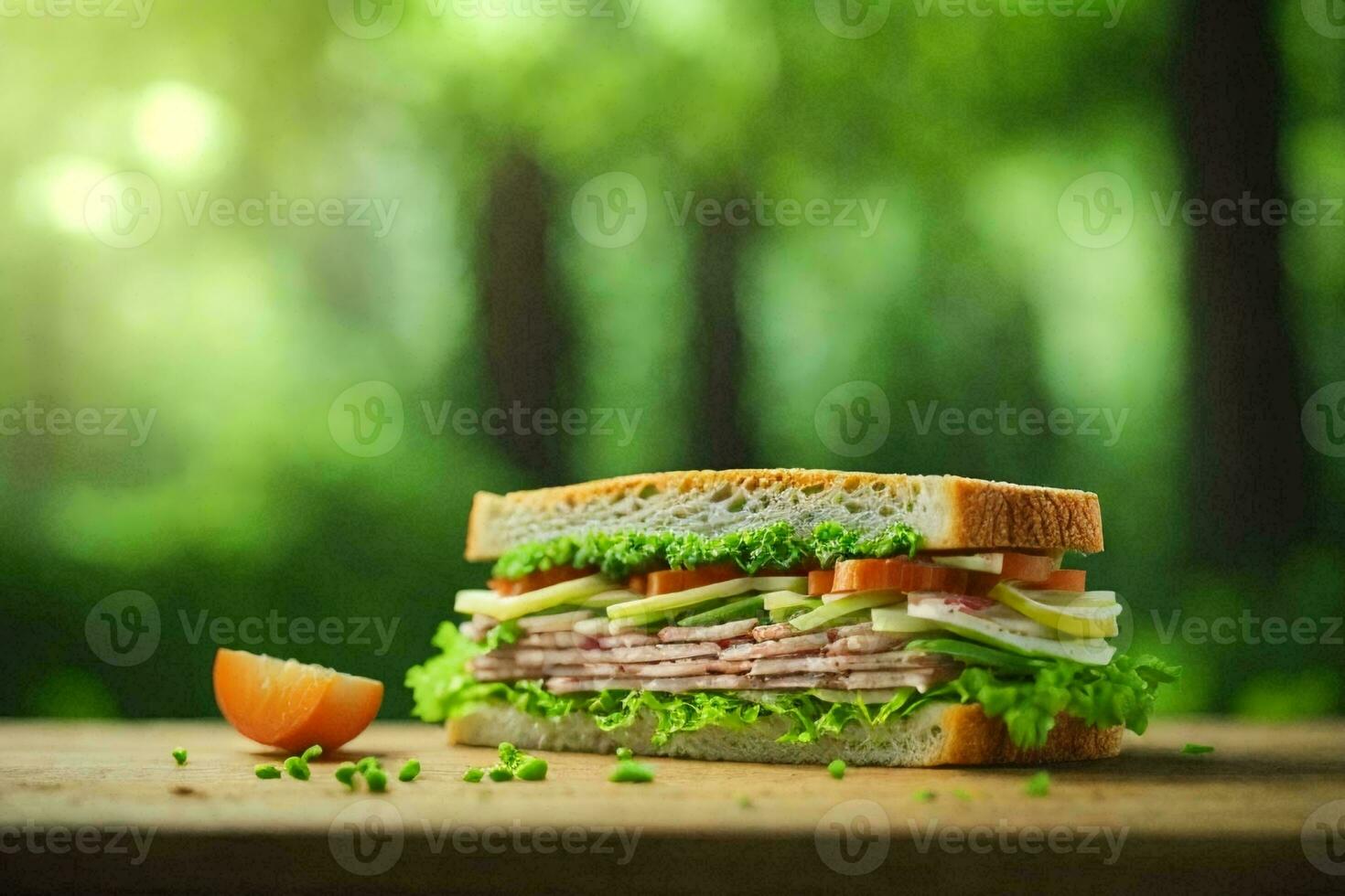 Close up of tall sandwich on table. AI Generative photo