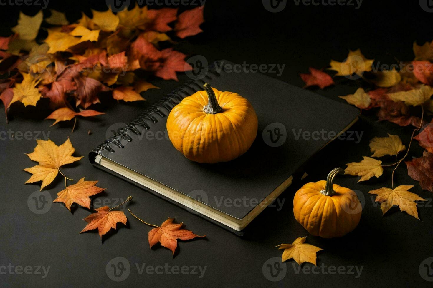 a black Notebook with autumn leaves and a small pumpkin. AI Generative photo