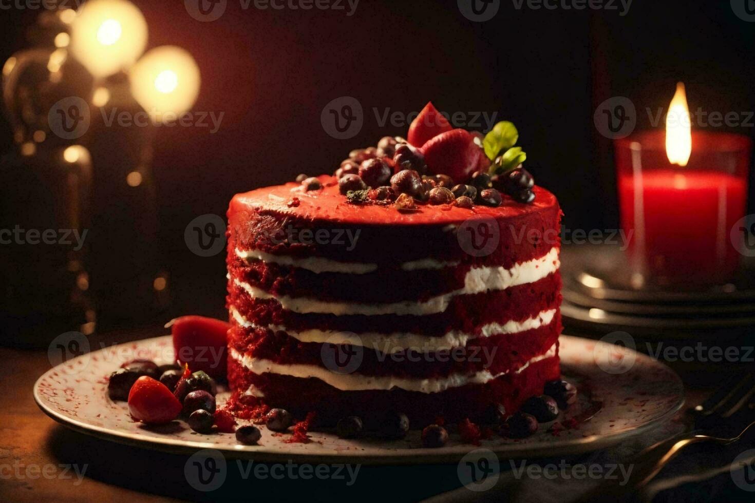 Red velvet cake with fresh strawberries. AI Generative photo