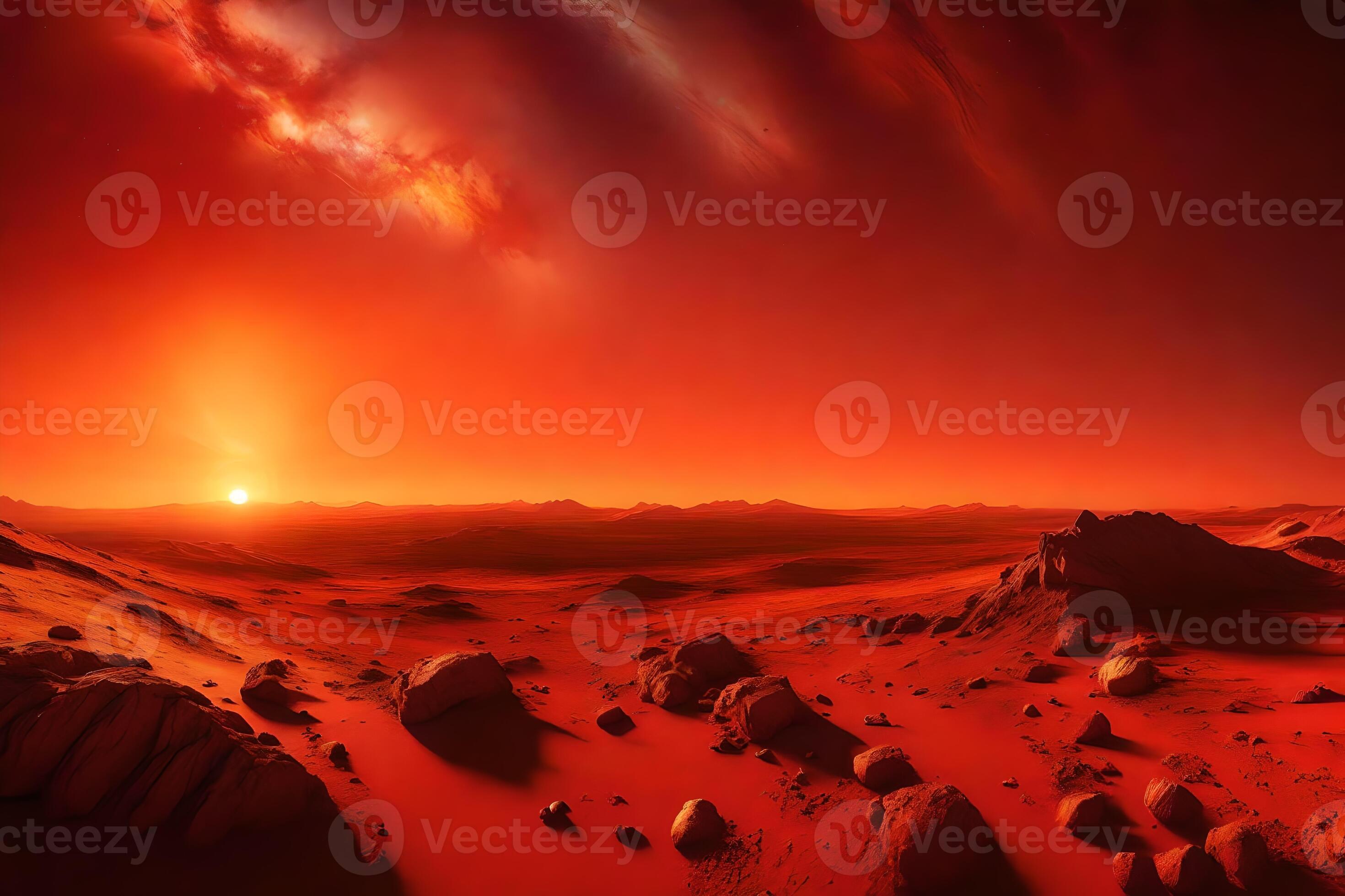 The picture shows the sun setting on Mars In the picture, the sky and  ground meet It has colors of red and gold on it AI Generated 33320293 Stock  Photo at Vecteezy