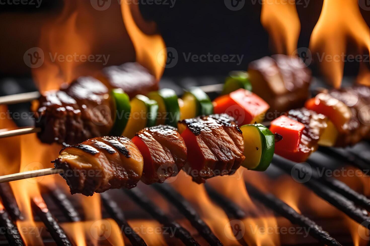 The camera gets closer to show BBQ Beef Skewers They are being cooked on a grill and there are flames shooting behind them AI Generated photo