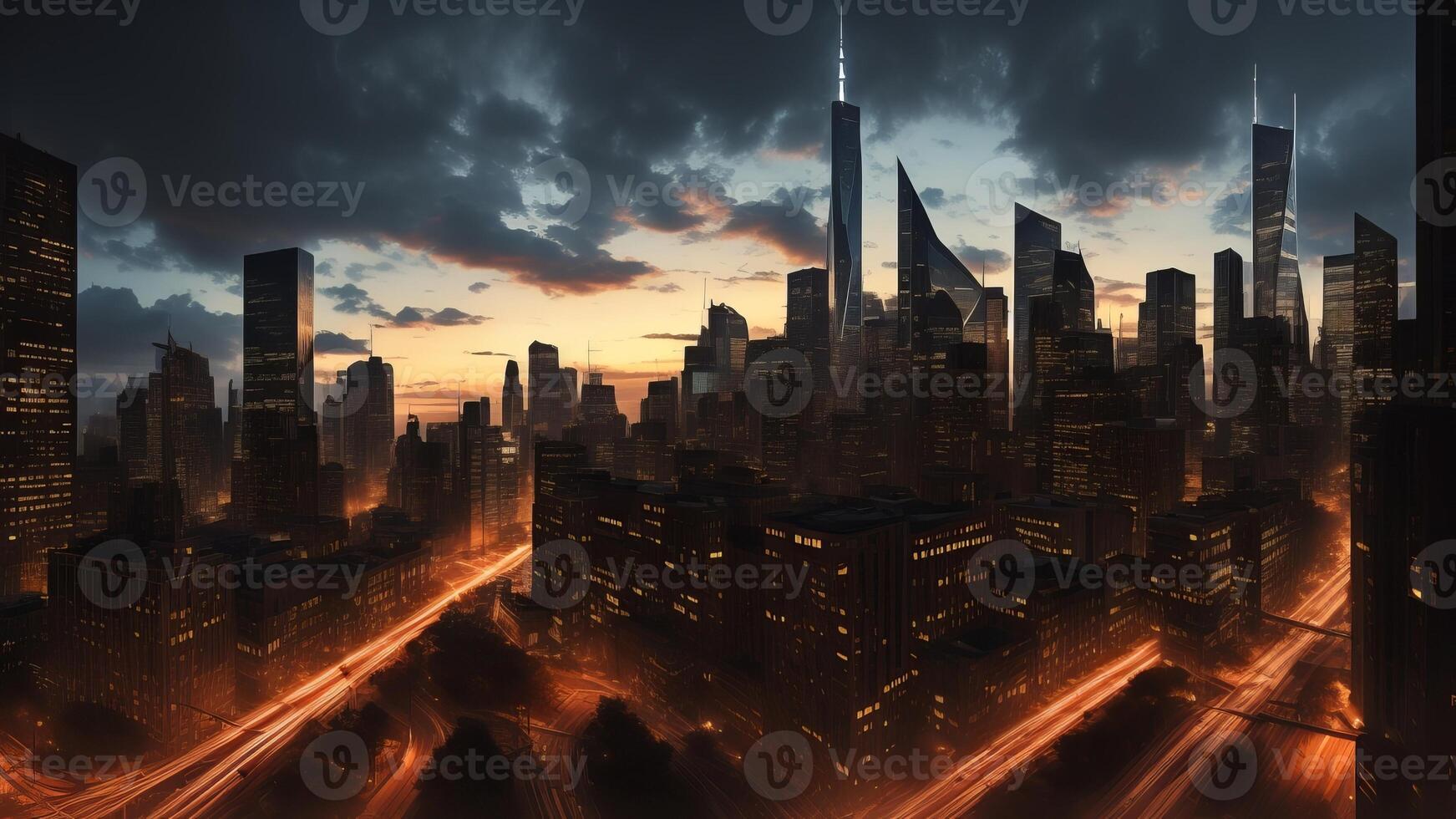 futuristic city skyline with advanced technology and towering skyscrapers. photo