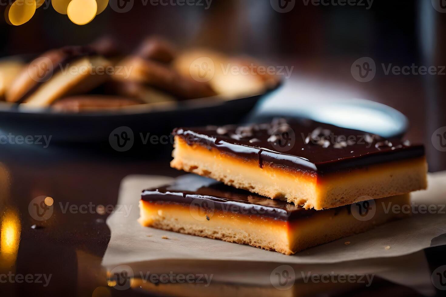 This text talks about a delicious dessert called Millionaire's Shortbread The picture shows a beautiful restaurant that is located at a distance AI Generated photo