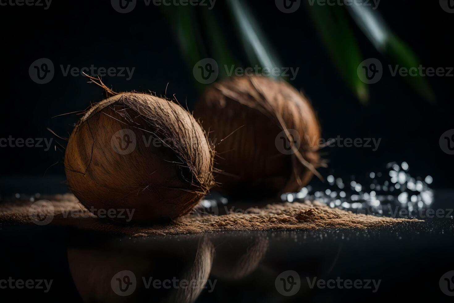 The camera is getting closer to a coconut in a studio that has a dark background photo