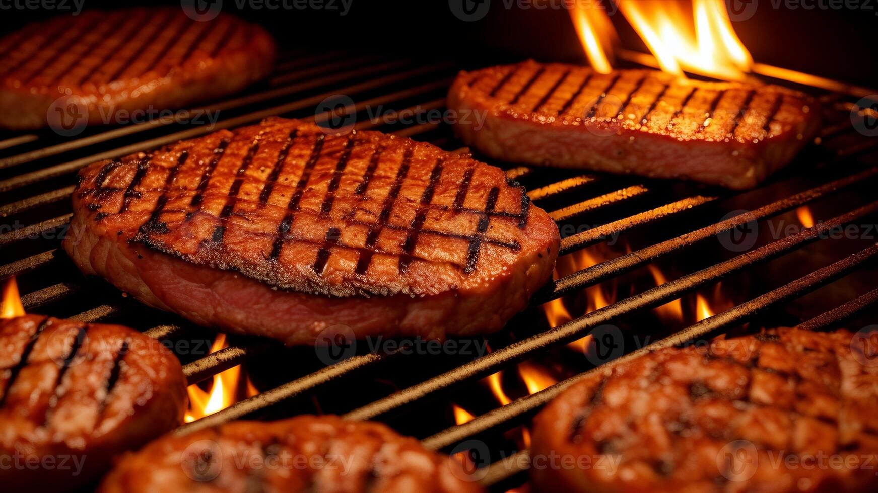 close up of meat on the grill and group of friends at background. photo