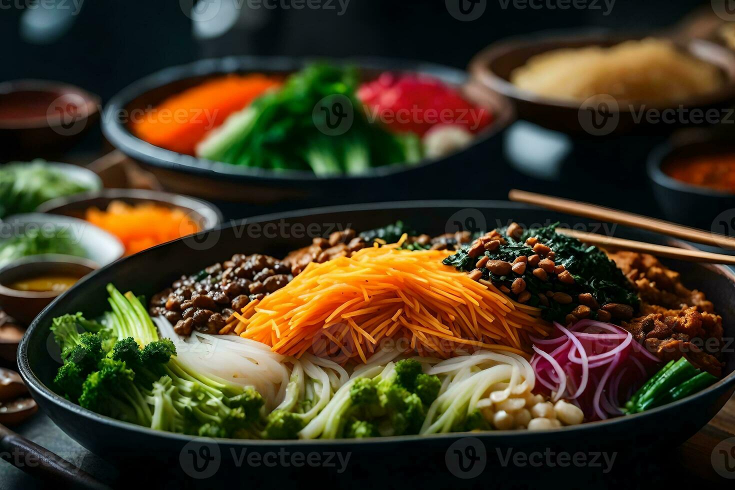 The camera is getting closer to Bibimbap, which is a well known dish from Korea It can be tough to know what's going on behind something AI Generated photo