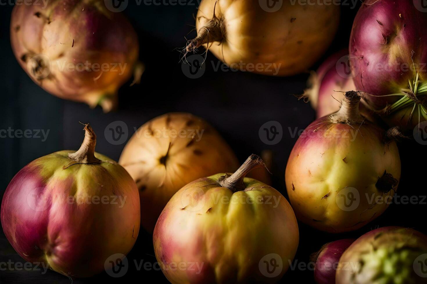 The camera is zoomed in on a Rutabaga, with a dark background in a studio AI Generated photo