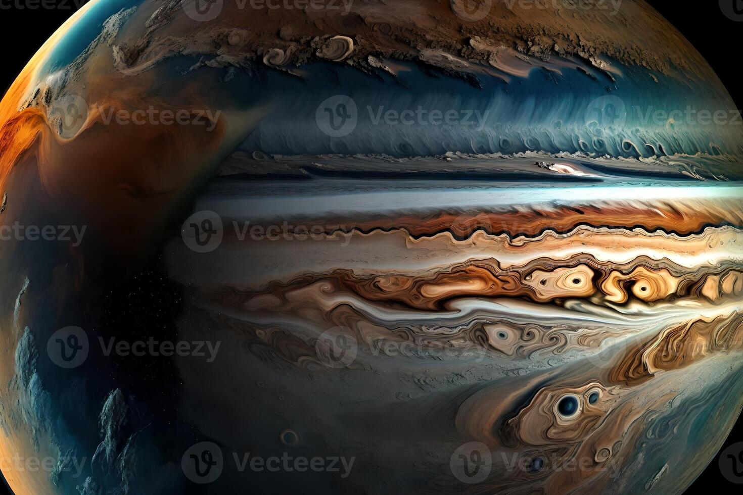 When viewed from space, Jupiter's rotating layers of different colors look very pretty AI Generated photo