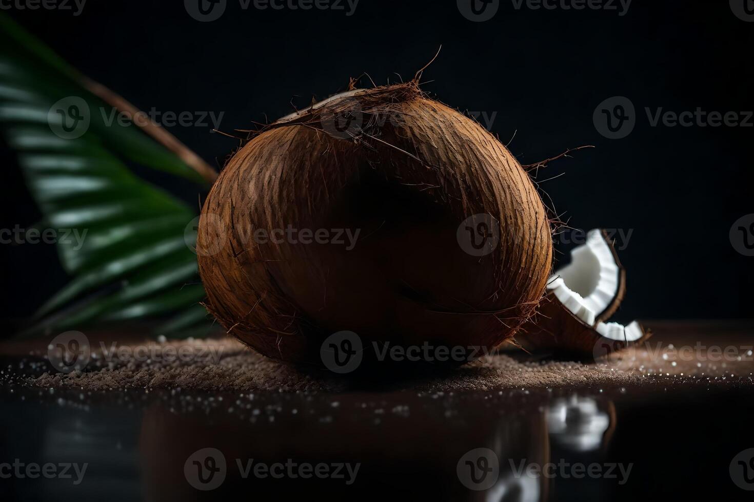 The camera is moving closer to a coconut in a studio with a dark background photo