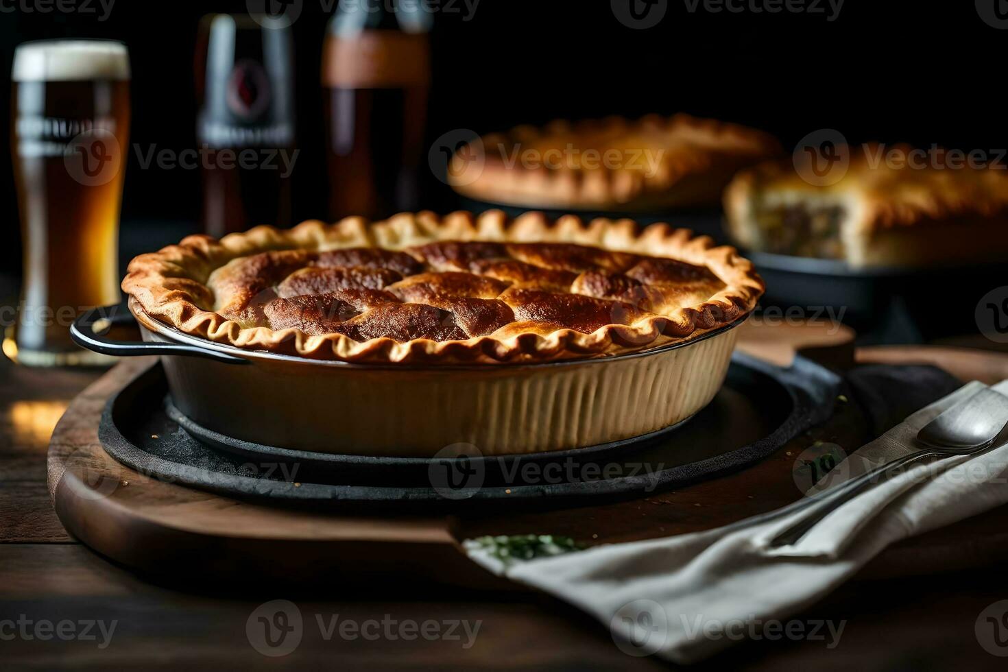 This picture shows a close up of a Beef and Guinness Pie with a blurry background featuring a beautiful forge AI Generated photo