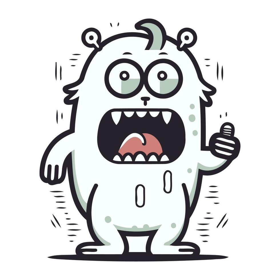 Funny cartoon monster with thumbs up. Vector illustration on white background.