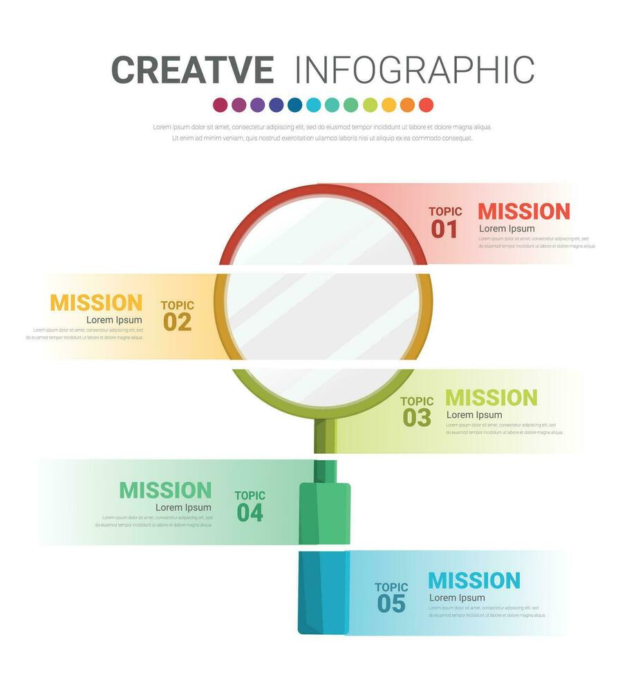 Modern infographics options banner with colorful Magnifying Glass 5 steps. Can be used for workflow layout, process diagram, flow chart. vector
