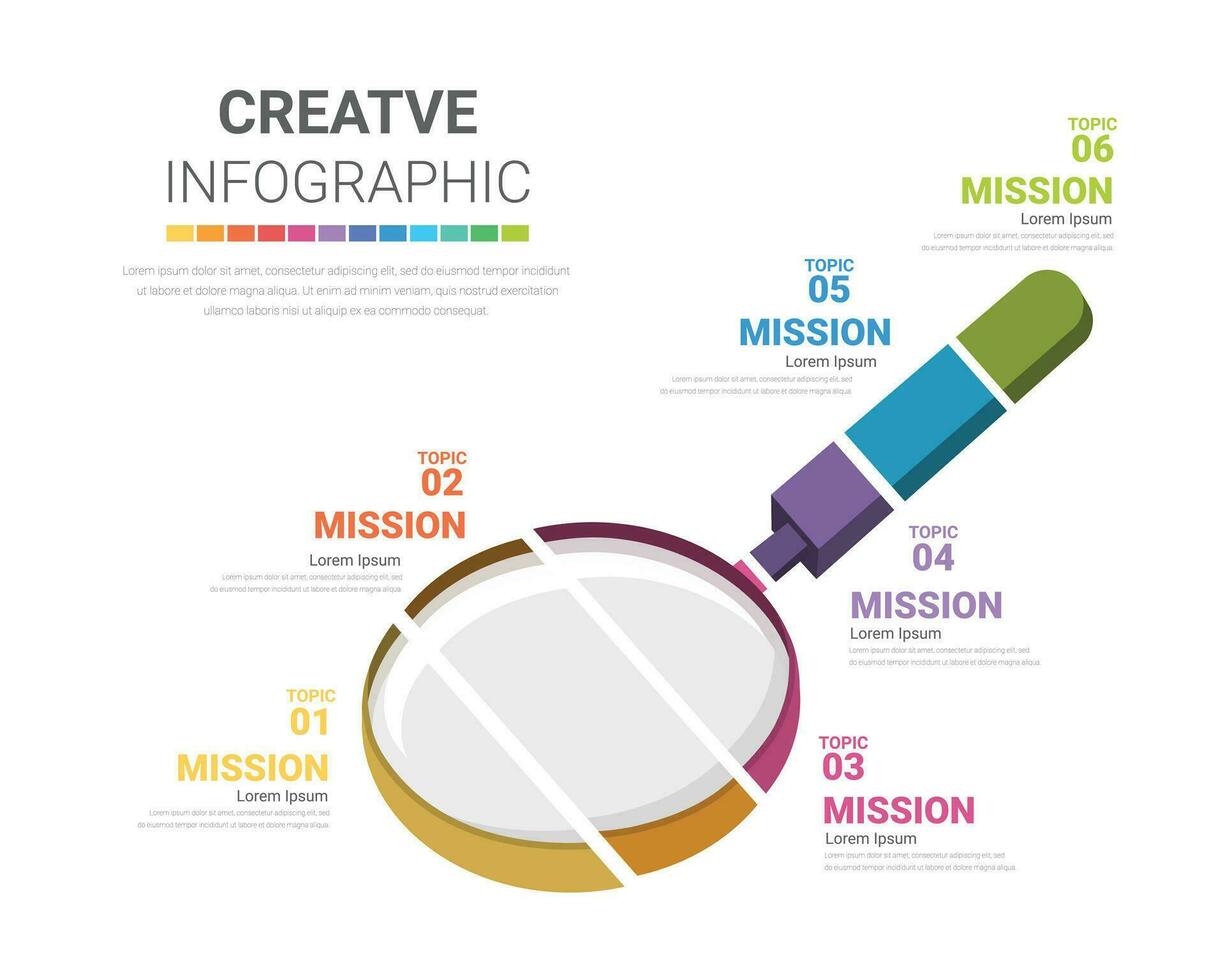 Modern infographics options banner with colorful Magnifying Glass with 6 steps. Can be used for workflow layout, process diagram, flow chart. vector