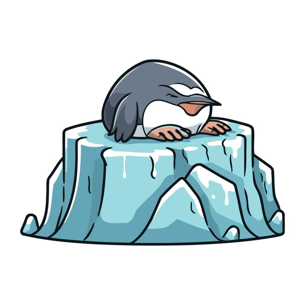 Cute penguin sitting on ice floe. Vector illustration.