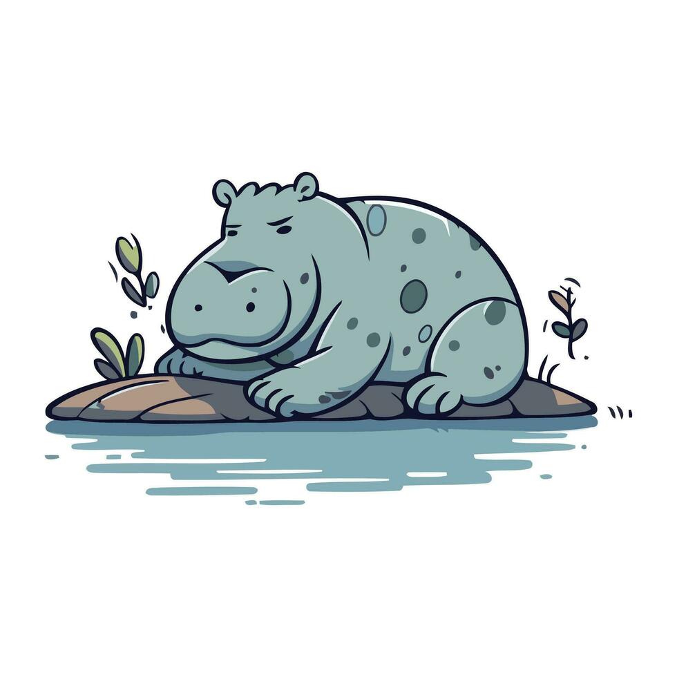 Hippo on the rock. Vector illustration in cartoon style.